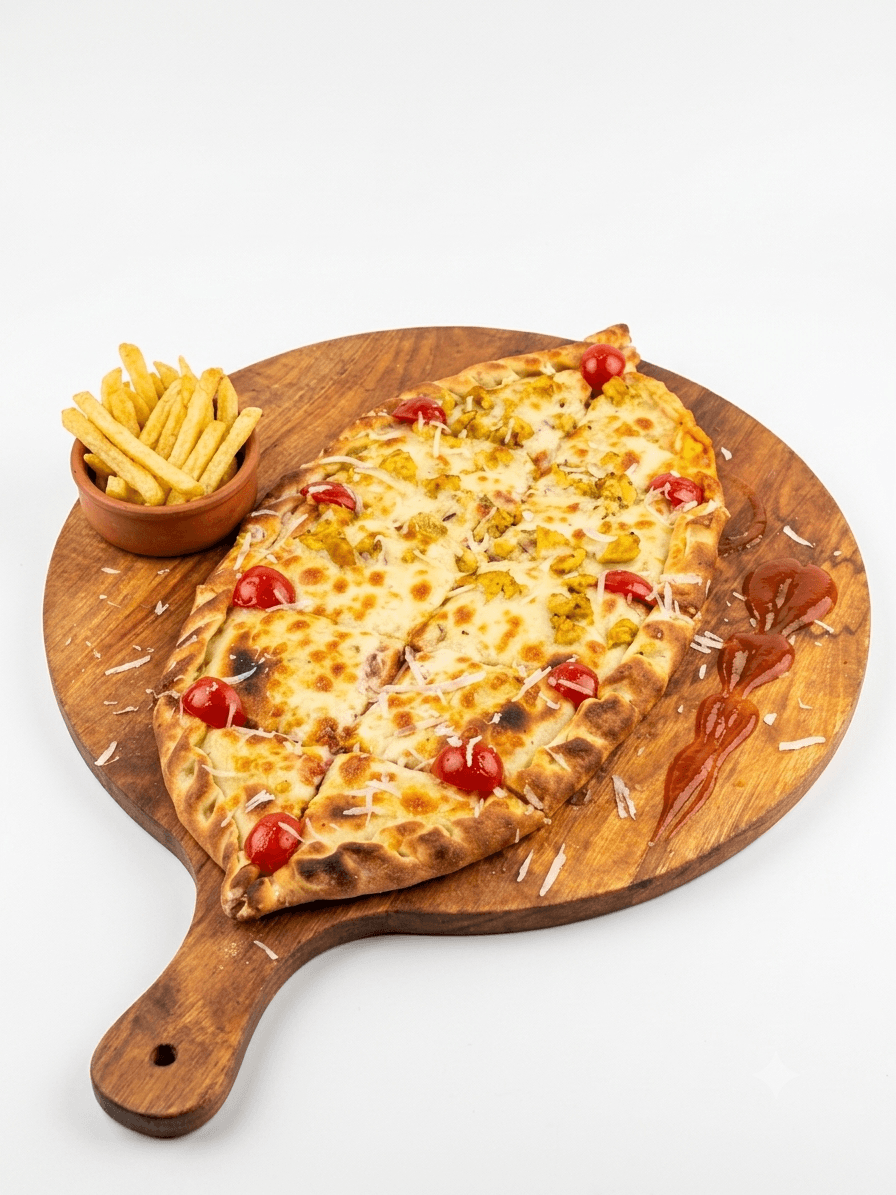 Pide dorée garnie de poulet, fromage fondu et tomates cerises