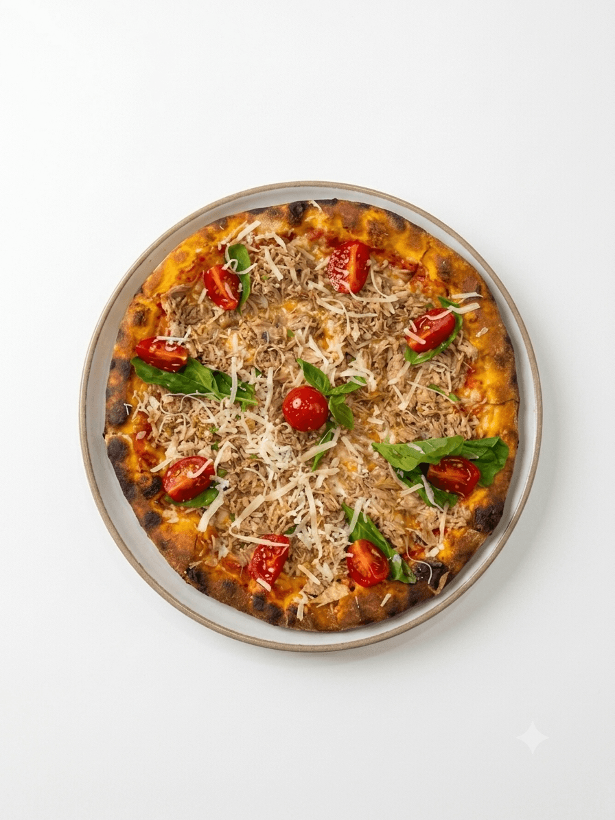 Pizza fine au thon, copeaux de parmesan et basilic frais