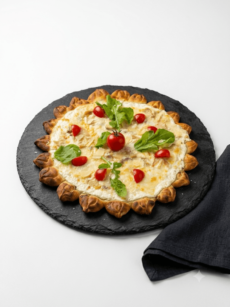 Pizza blanche crémeuse à croûte farcie, roquette et tomates cerises