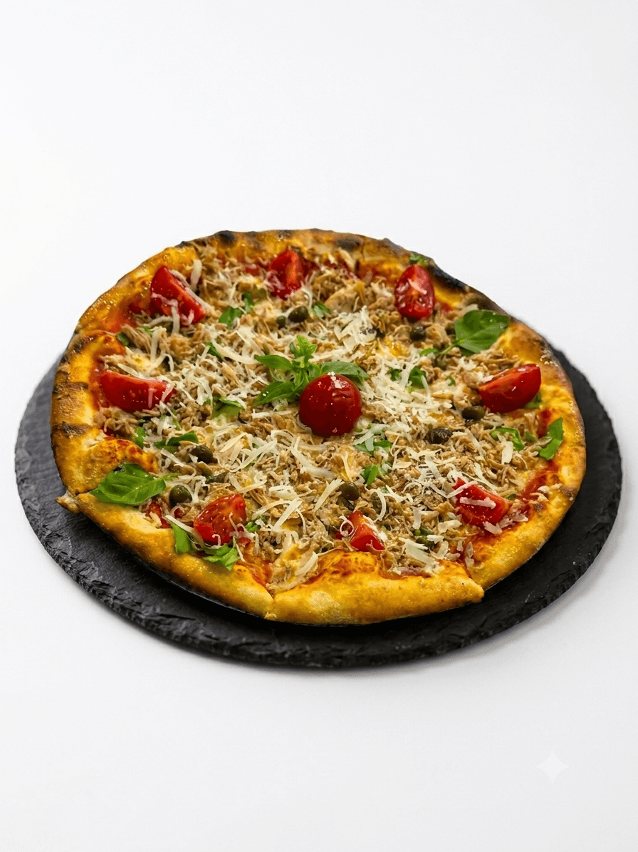 Pizza rustique au thon, câpres, parmesan et basilic